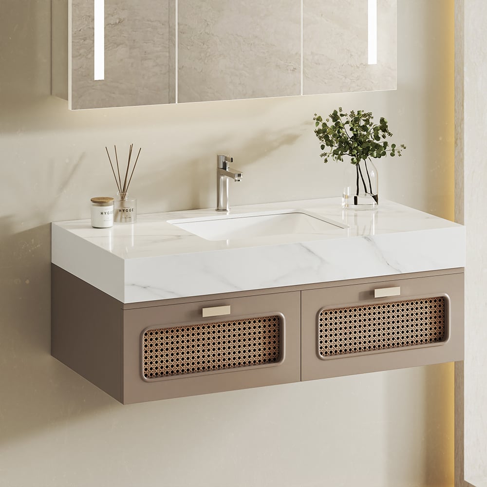 35" Floating Single Bathroom Vanity with Faux Marble Top Rattan Door