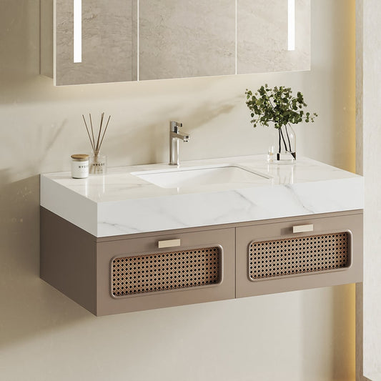35" Floating Single Bathroom Vanity with Faux Marble Top Rattan Door