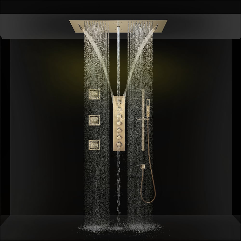 6 Functions Modern Thermostatic Massage Shower System Remote Controlled LED Brushed Gold
