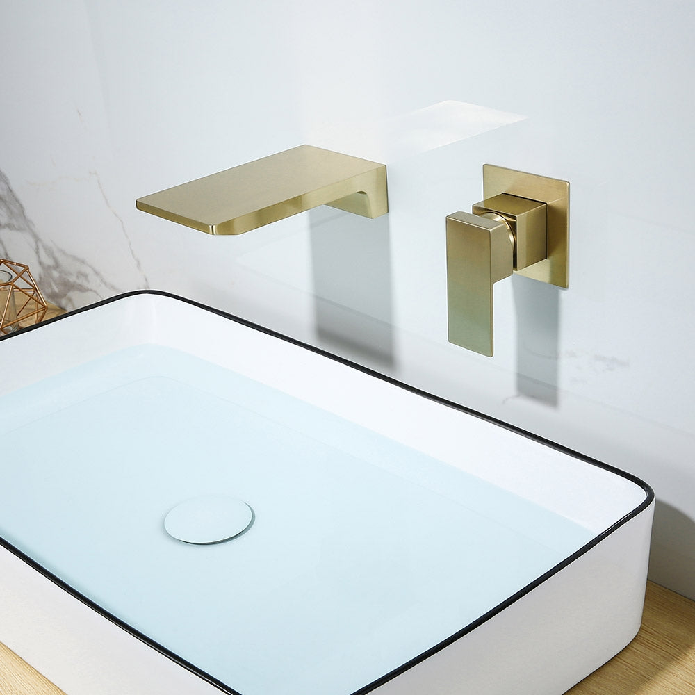Waterfall Wall Mounted Brushed Gold Bathroom Sink Faucet Single Handle