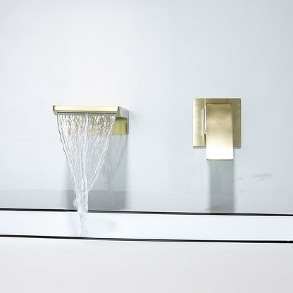 Waterfall Wall Mounted Brushed Gold Bathroom Sink Faucet Single Handle