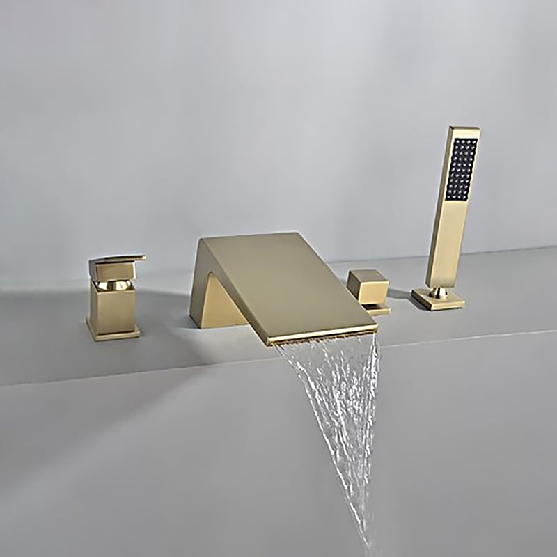 Waterfall Deck-Mount Roman Tub Faucet with Handshower in Brushed Gold