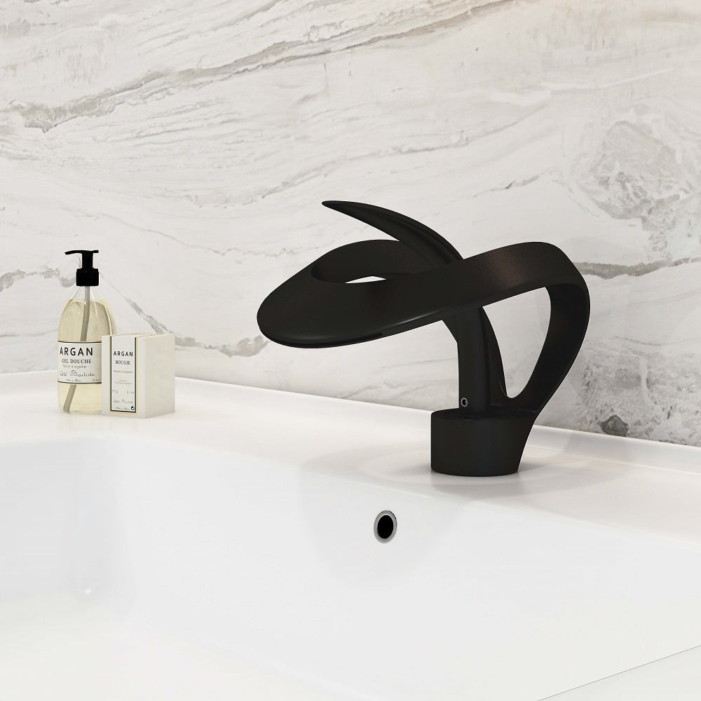 Waterfall Bathroom Sink Faucet in Black Single Handle Solid Brass