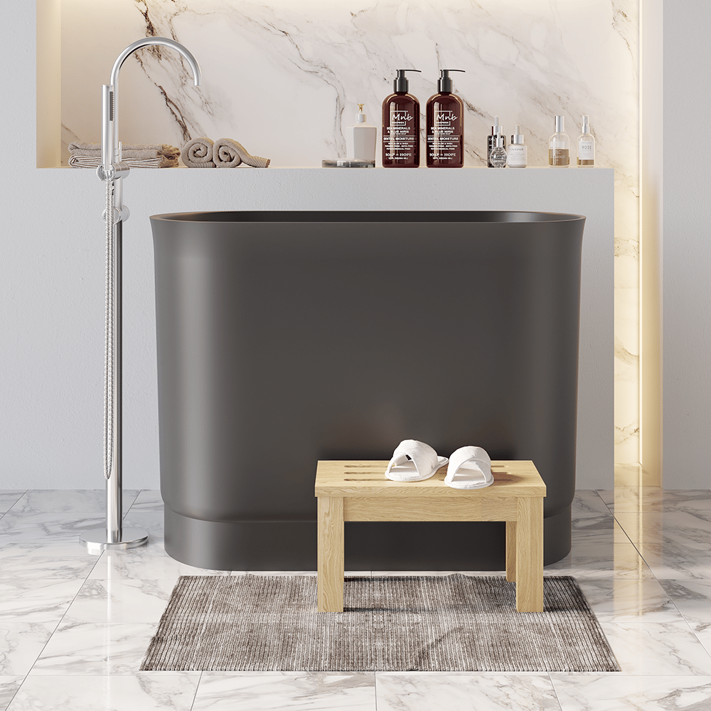 40" Modern Deep Oval Freestanding Matte Black Stone Resin Japanese Soaking Bathtub