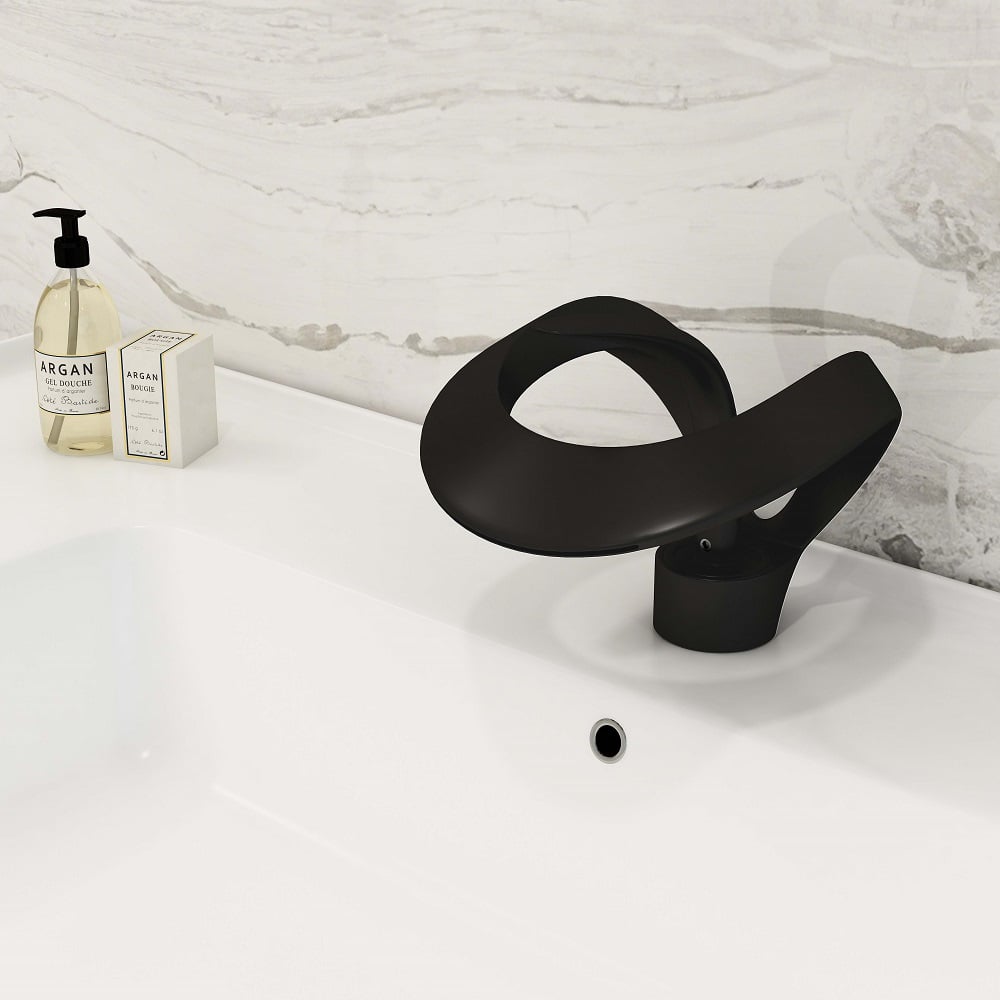 Waterfall Bathroom Sink Faucet in Black Single Handle Solid Brass