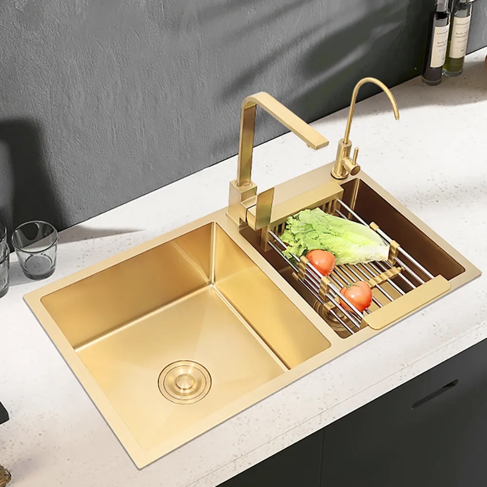 32" Gold Stainless Steel Kitchen Sink Double Bowls Drop-In Sink with Drain and Overflow