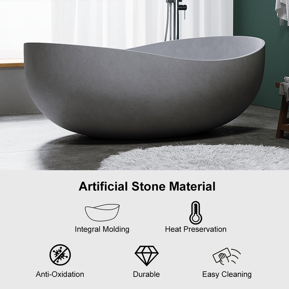 63" Industrial Oval Freestanding Cement Soaking Bathtub Gray