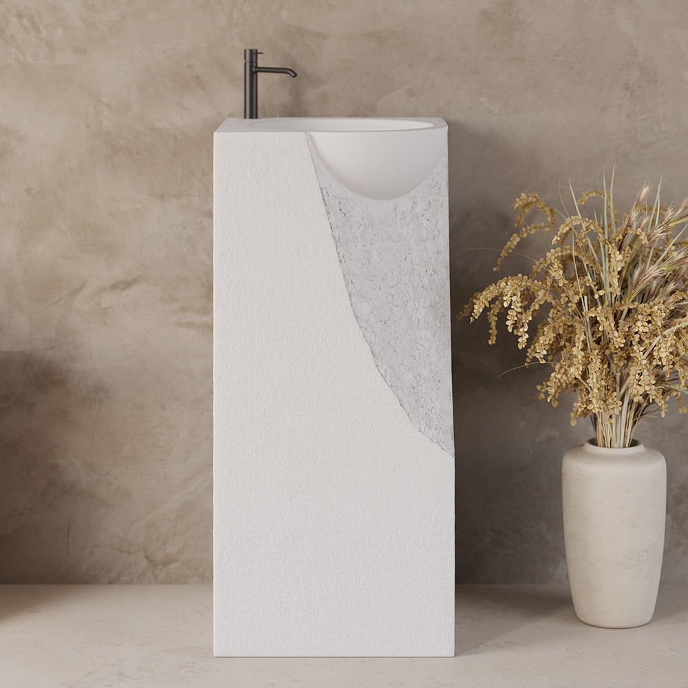 34" Japandi Tall Stone Resin Pedestal Sink with Rounded Basin Freestanding in White