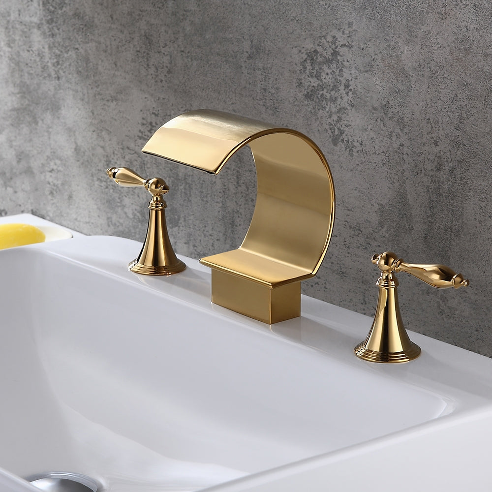 Mooni Waterfall Widespread Lever Handle Bathroom Sink Faucet in Glistening Gold