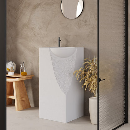 34" Japandi Tall Stone Resin Pedestal Sink with Rounded Basin Freestanding in White