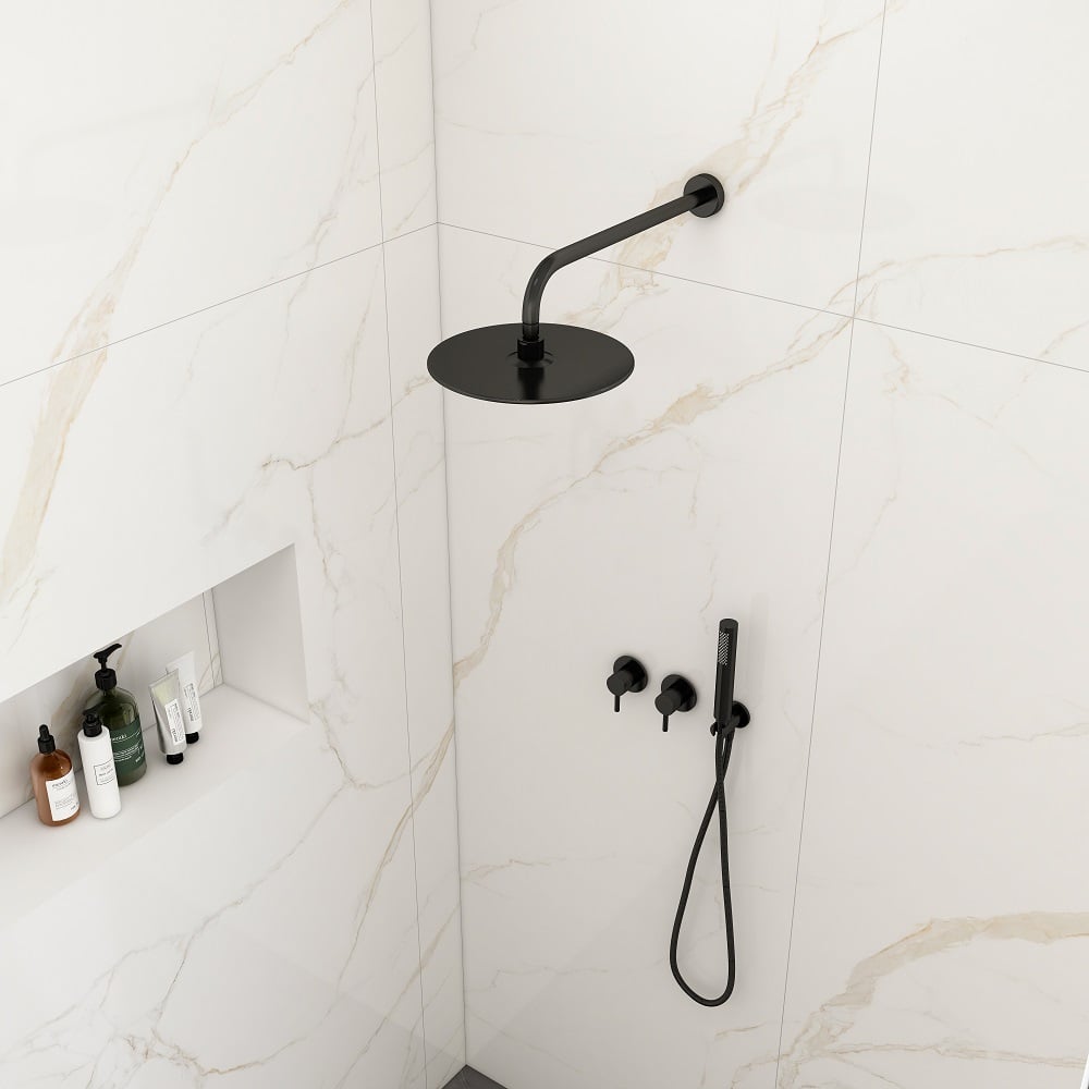 10" Wall-Mounted Round Black Shower System 2-Function with Hand Shower