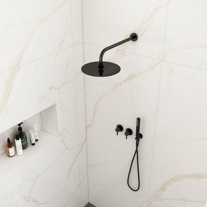 10" Wall-Mounted Round Black Shower System 2-Function with Hand Shower