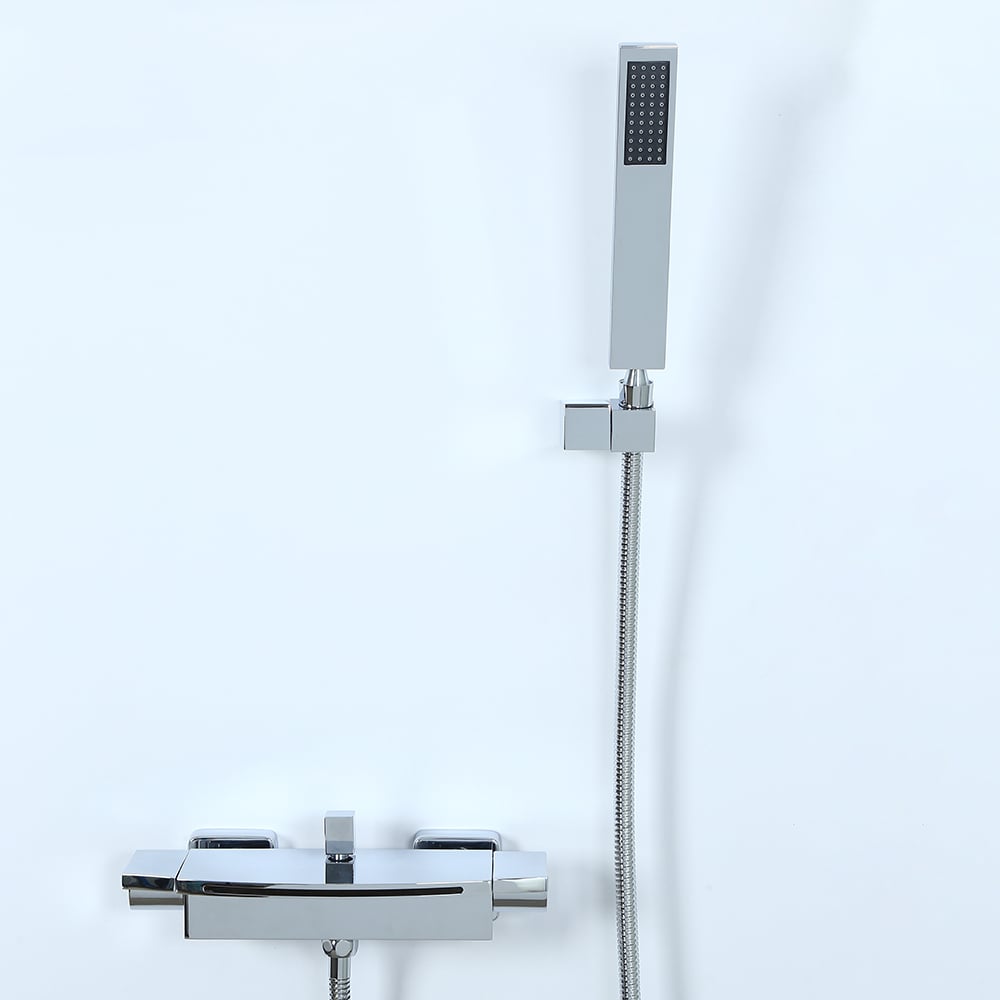 Contemporary Wall Mount Waterfall 2-Handle Chrome Bathtub Filler Faucet with Hand Shower