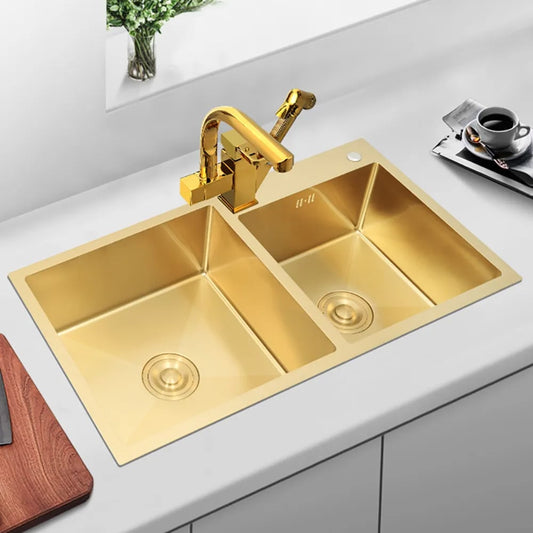 32" Gold Stainless Steel Kitchen Sink Double Bowls Drop-In Sink with Drain and Overflow