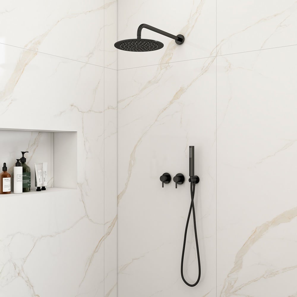 10" Wall-Mounted Round Black Shower System 2-Function with Hand Shower