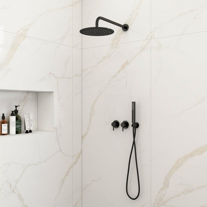 10" Wall-Mounted Round Black Shower System 2-Function with Hand Shower