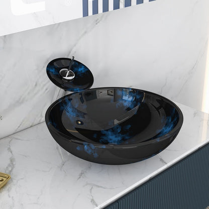 Dark Blue Tempered Glass Circular Vessel Sink Waterfall Faucet Set Pop-Up Drain Included