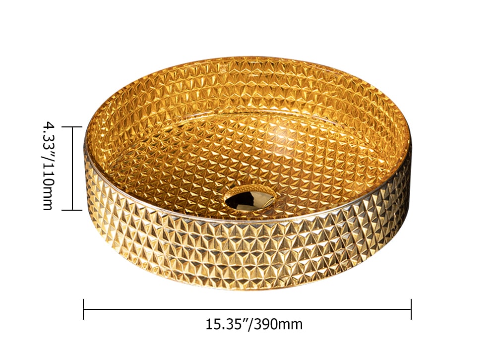15" Modern Luxury Diamond Shaped Crystal Glass Bathroom Vessel Sink in Gold