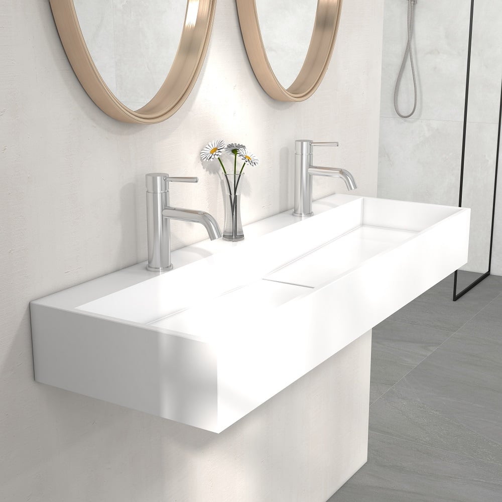 47 Inch Wall-Mount Double Sink Stone Resin Matte White Floating Trough Bathroom Sink