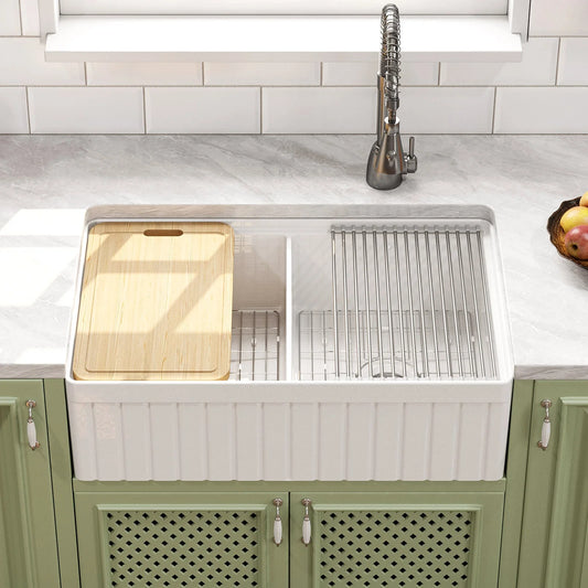 33" Double Bowl Ceramic Kitchen Sink with Drainboard