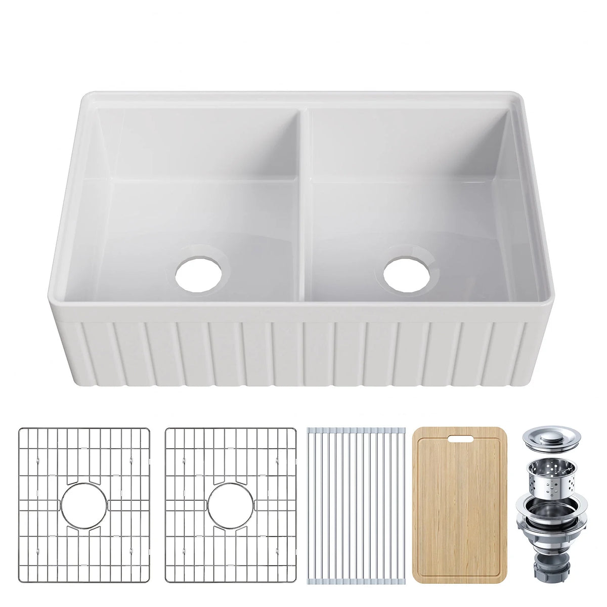 33" Double Bowl Ceramic Kitchen Sink with Drainboard