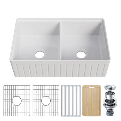 33" Double Bowl Ceramic Kitchen Sink with Drainboard