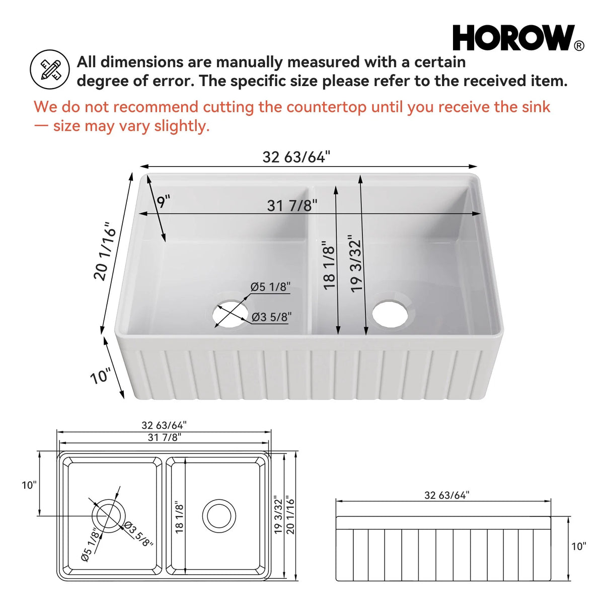 33" Double Bowl Ceramic Kitchen Sink with Drainboard