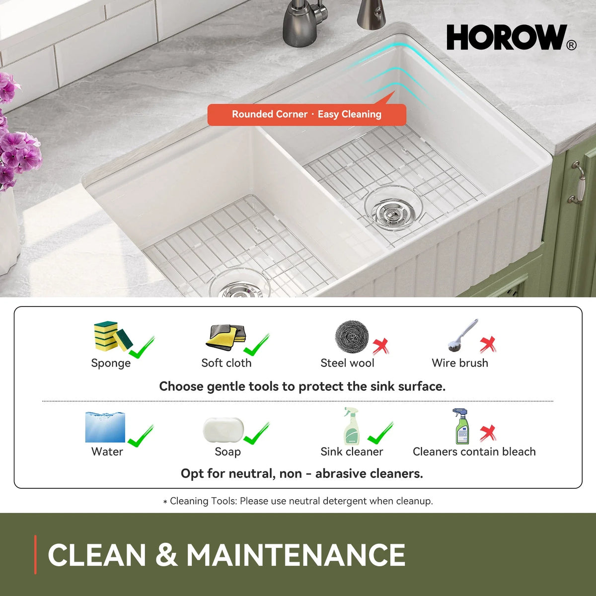 33" Double Bowl Ceramic Kitchen Sink with Drainboard