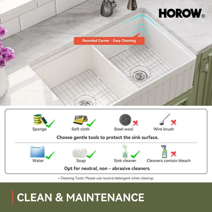 33" Double Bowl Ceramic Kitchen Sink with Drainboard