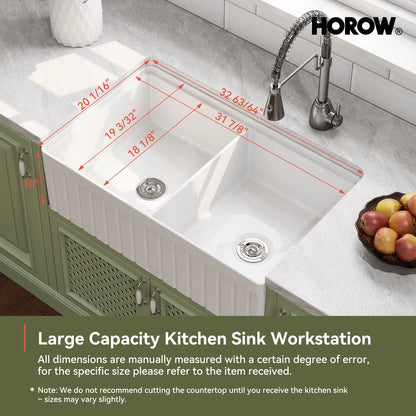 33" Double Bowl Ceramic Kitchen Sink with Drainboard