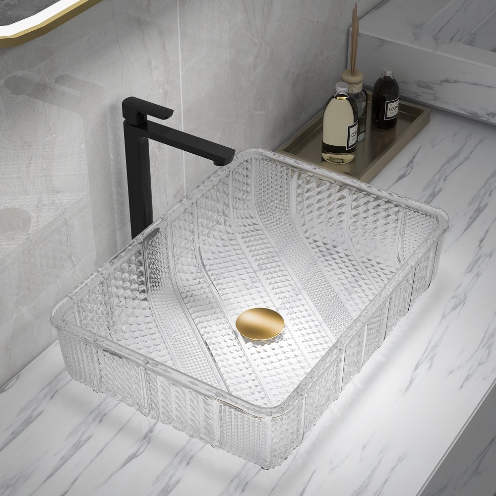Modern Glass Rectangle Transparent Bathroom Vessel Sink Clear Wash Sink with Drain