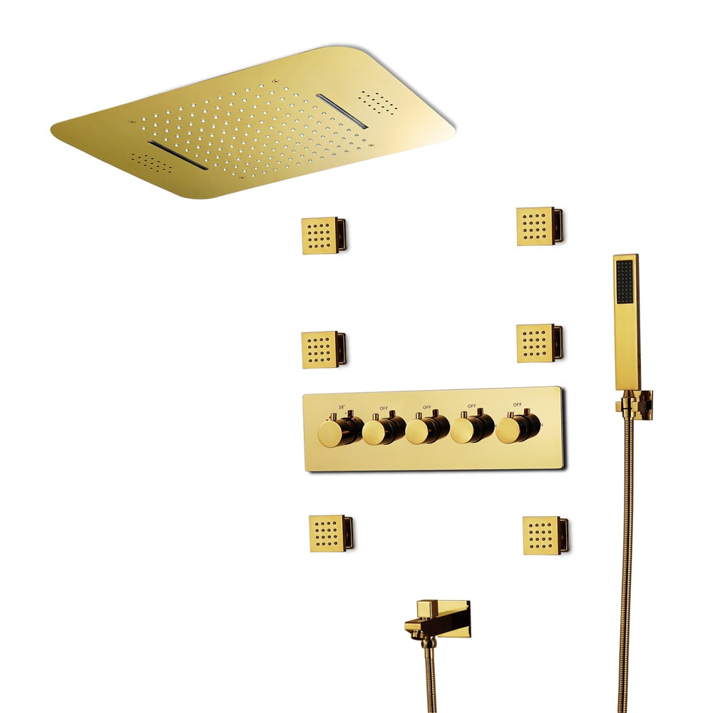 Wall-Mounted Shower System in Gold Thermostatic 4 Functions 23"