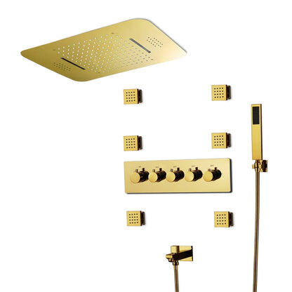 Wall-Mounted Shower System in Gold Thermostatic 4 Functions 23"