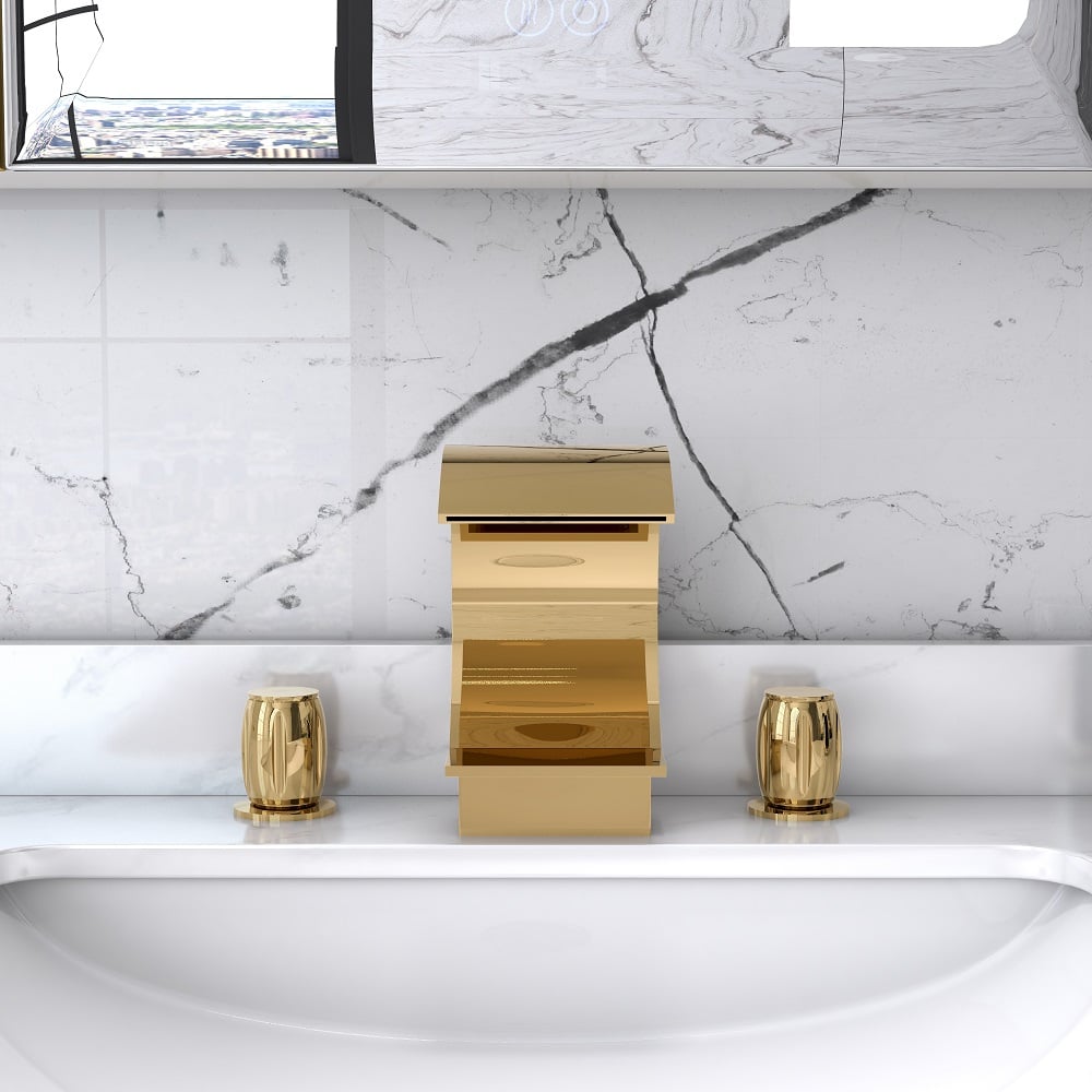 Mooni Modern Waterfall Widespread 2-Handle Bathroom Sink Faucet in Gold Solid Brass