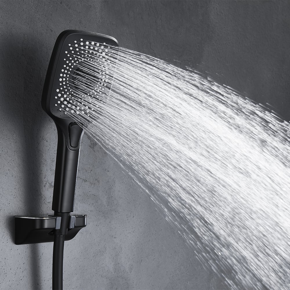 Black Exposed Rainfall Shower System with Handshower & Stone Rack Solid Brass