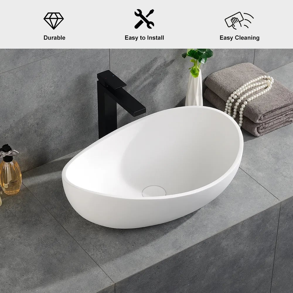Bathroom Stone Resin Oval Vessel Sink Modern Art Sink Matte White with Pop Up Drain