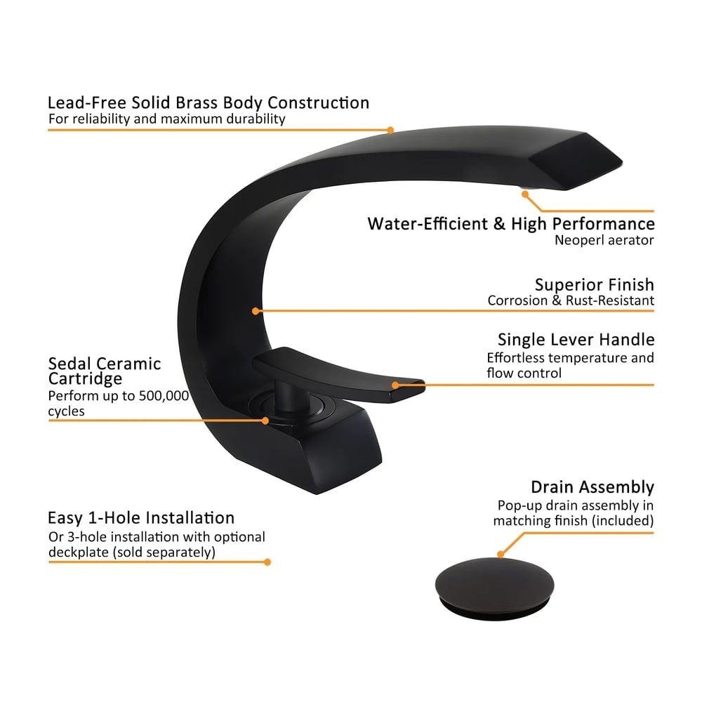 Modern Single Hole 1-Handle C-Shaped Curved Spout Bathroom Sink Faucet with Pop Up Drain in Matte Black
