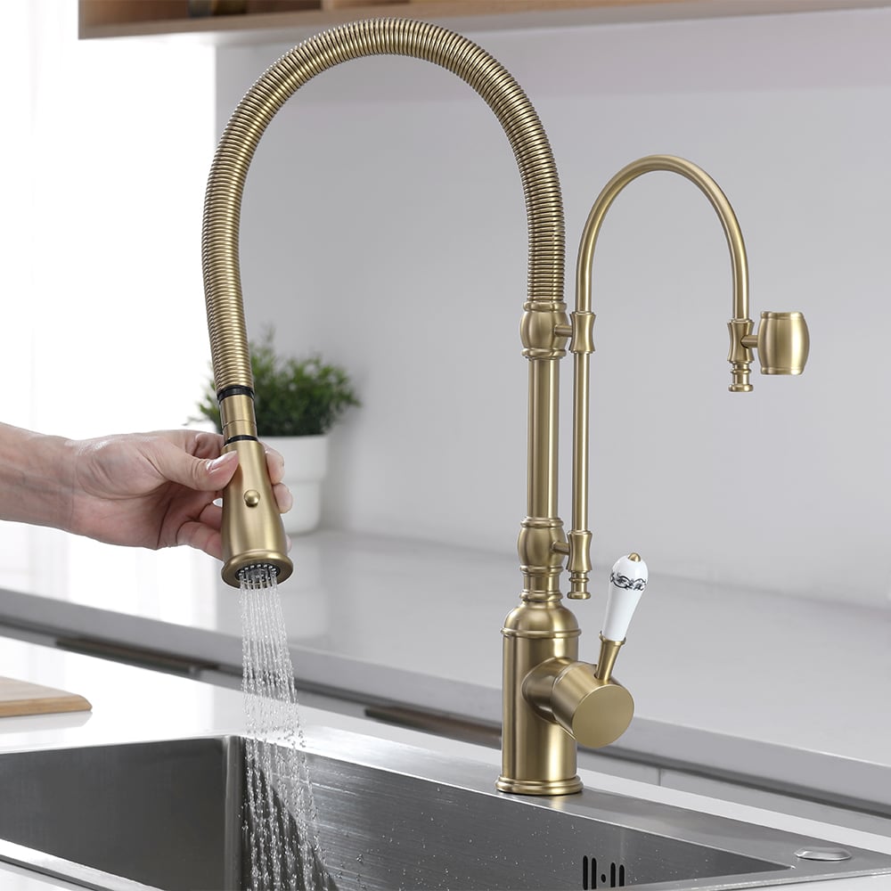 Brushed Gold High Arc Dual-Mode Pull-Down Kitchen Faucet Solid Brass Porcelain Handle
