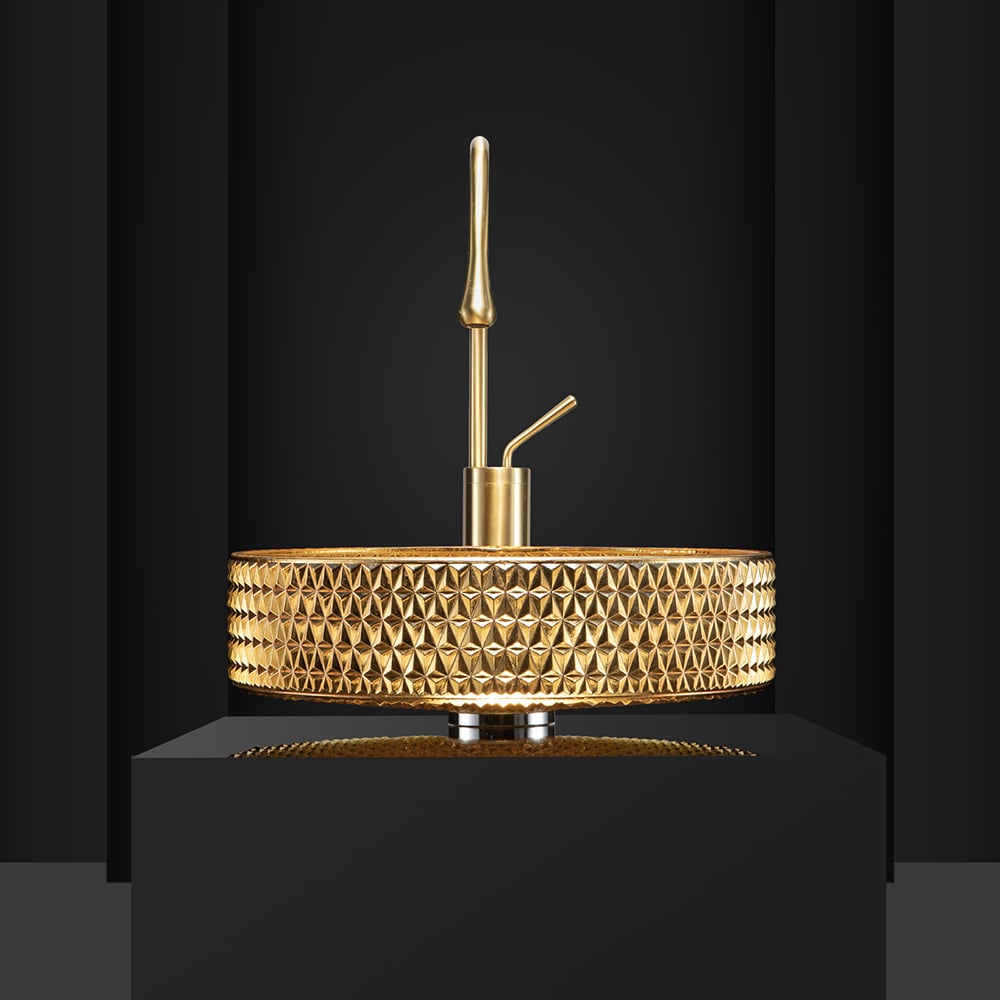 15" Modern Luxury Diamond Shaped Crystal Glass Bathroom Vessel Sink in Gold