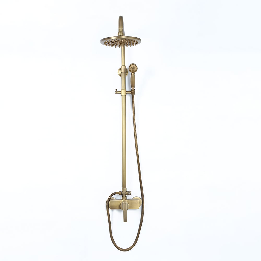 Antique Brass Exposed Wall Mount Shower System with 8" Rain Shower Head and Hand Shower