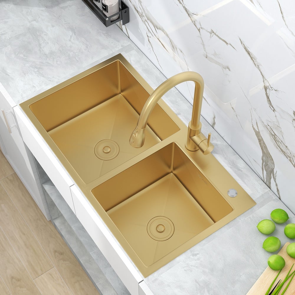 32" Gold Stainless Steel Kitchen Sink Double Bowls Drop-In Sink with Drain and Overflow