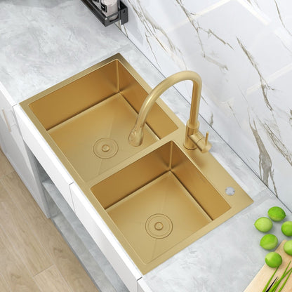 32" Gold Stainless Steel Kitchen Sink Double Bowls Drop-In Sink with Drain and Overflow