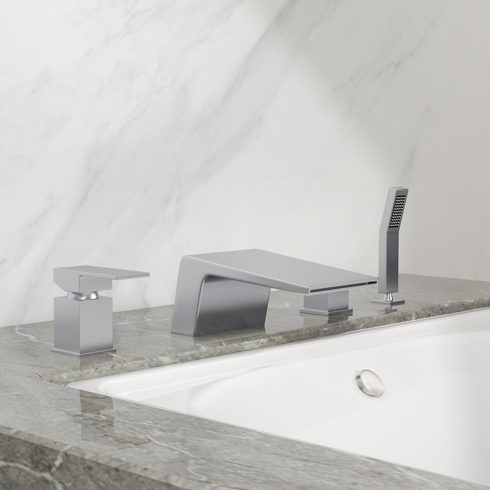 Waterfall Deck-Mount Roman Tub Faucet with Handshower in Chrome
