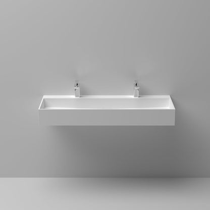 47 Inch Wall-Mount Double Sink Stone Resin Glossy White Floating Trough Bathroom Sink