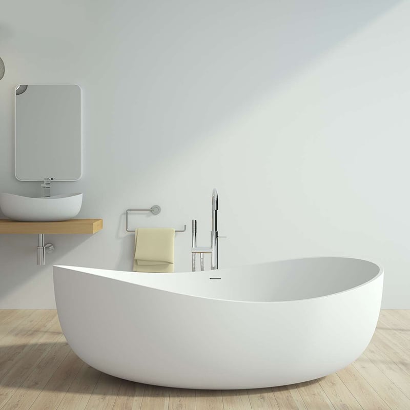 70" Modern Oval Freestanding Stone Resin Soaking Bathtub White 113.59-Gallon Capacity