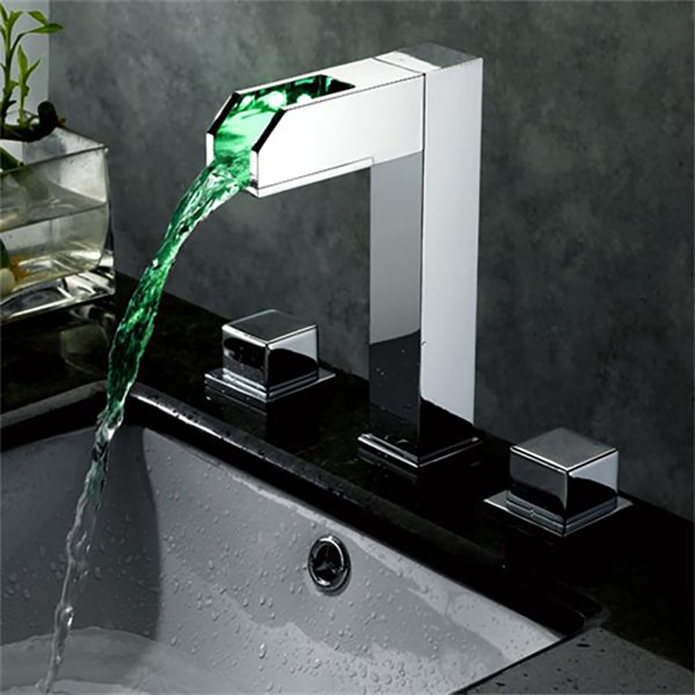 Modern Waterfall Bathroom Sink Faucet in Chrome Brass with LED Light