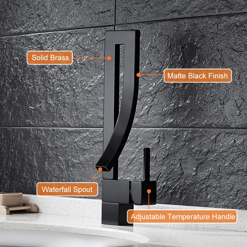 Modern Design Single Handle 1-Hole Black Bathroom Sink Faucet with Waterfall Spout Brass