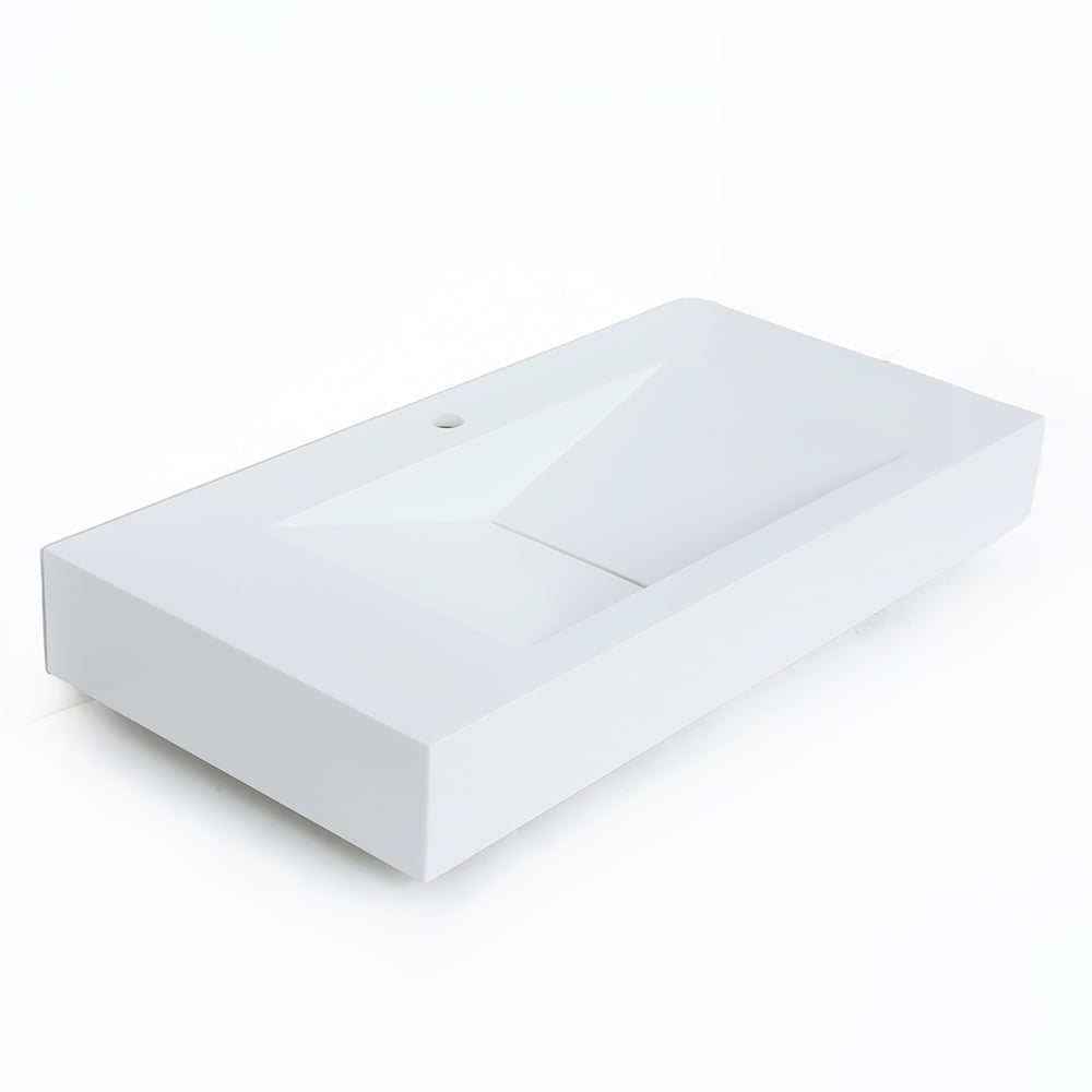 Glossy White Wall-Mount Floating Sink Solid Surface Stone Resin Bathroom V-Shaped Sink