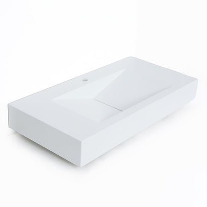 Glossy White Wall-Mount Floating Sink Solid Surface Stone Resin Bathroom V-Shaped Sink