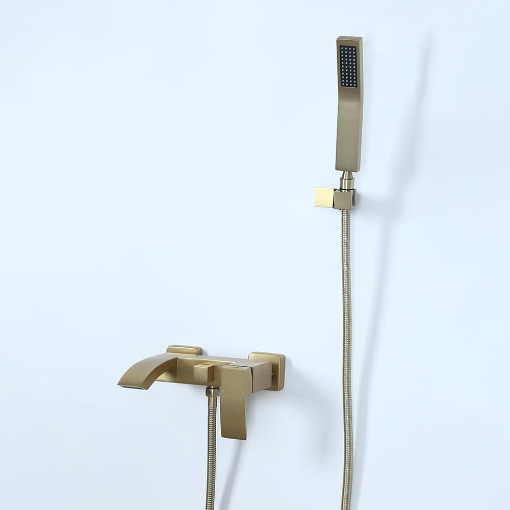 Ridge Wall-Mount Waterfall Bathtub Faucet Tub Filler with Hand Shower in Brushed Gold